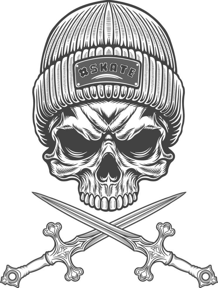 Skull with hat and crossed swords illustration vector