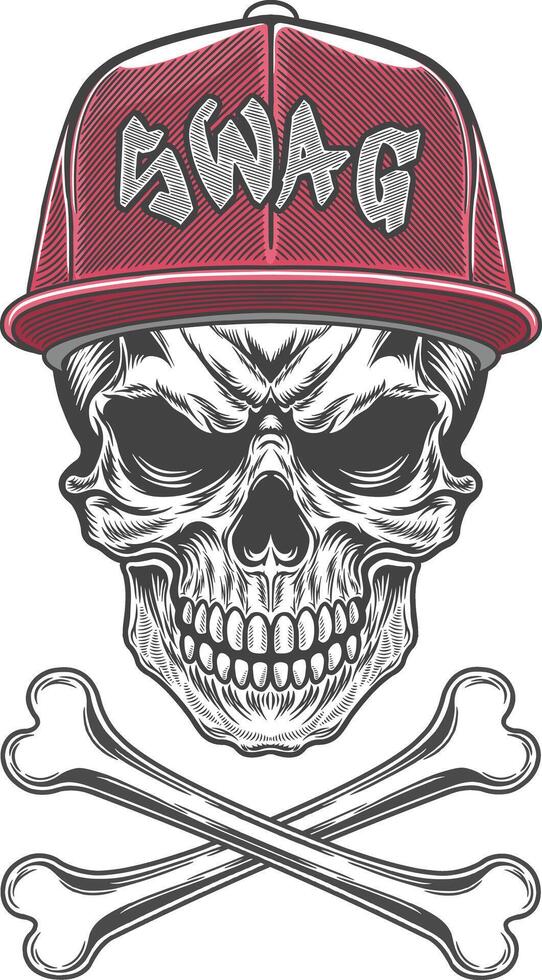 Skull with a red SWAG baseball cap and cross bones illustration vector