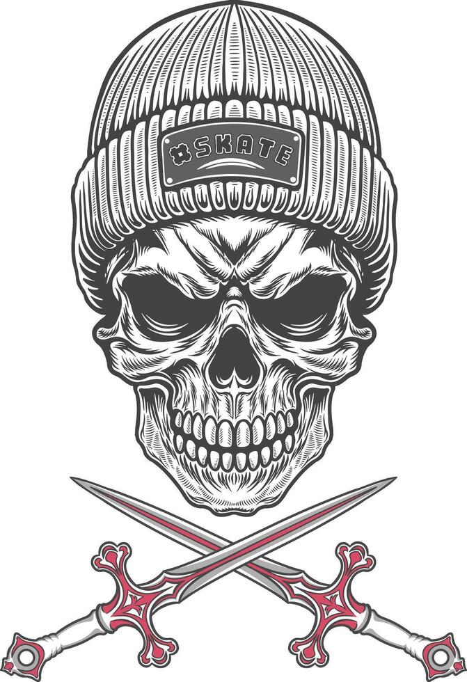 Skull with crossed swords and knitted cap illustration vector