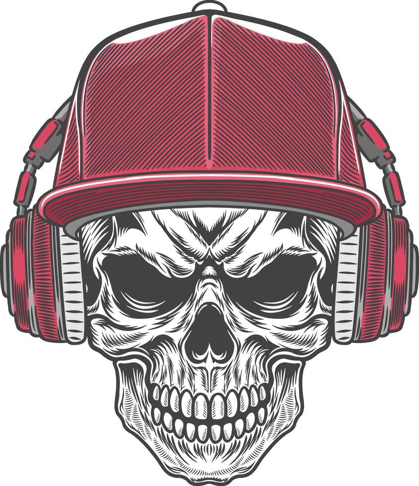Skull wearing headphones with a red hat vector