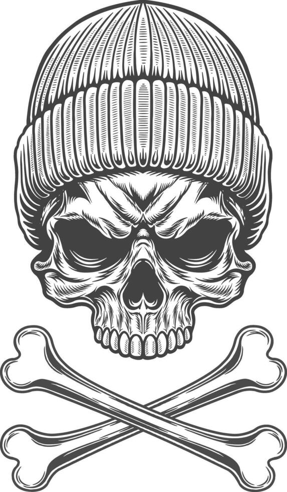 Skull in a knitted hat and crossed bones illustration vector