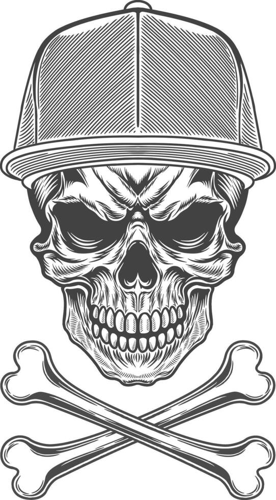 Skull in a baseball cap and crossed bones illustration vector