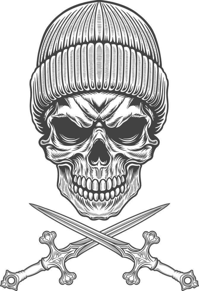 Skull with knitted cap and crossed swords illustration vector