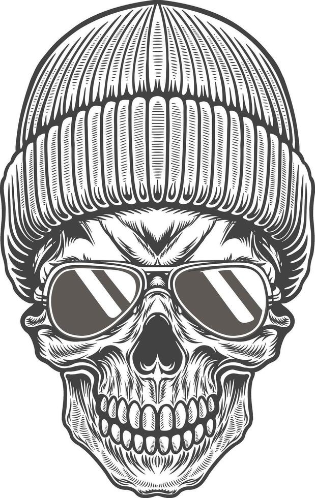 Skull wearing a knitted hat and sunglasses illustration vector