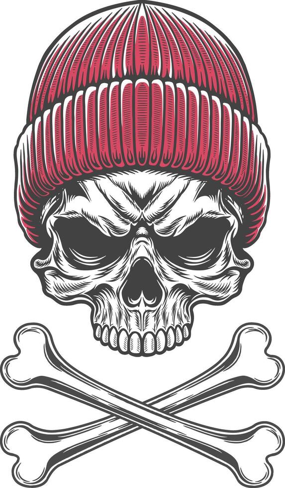 Skull with red knitted hat and crossed bones illustration vector