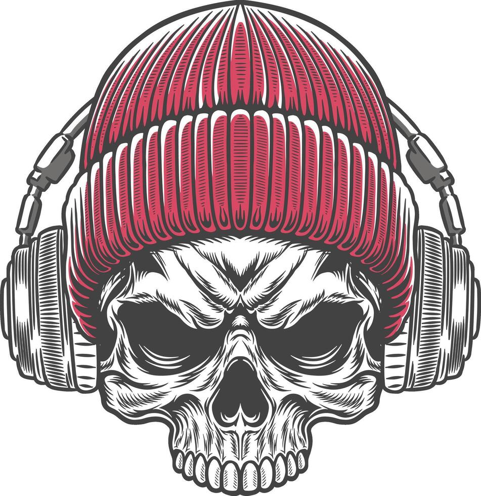 Skull with headphones and red hat vector