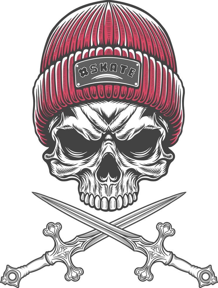 Skull with two crossed swords and a red knitted hat vector