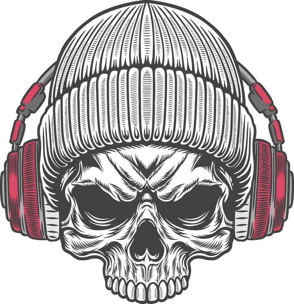 Skull in a knitted hat with headphones vector