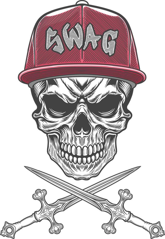 Skull with two crossed black and white swords and a red cap vector