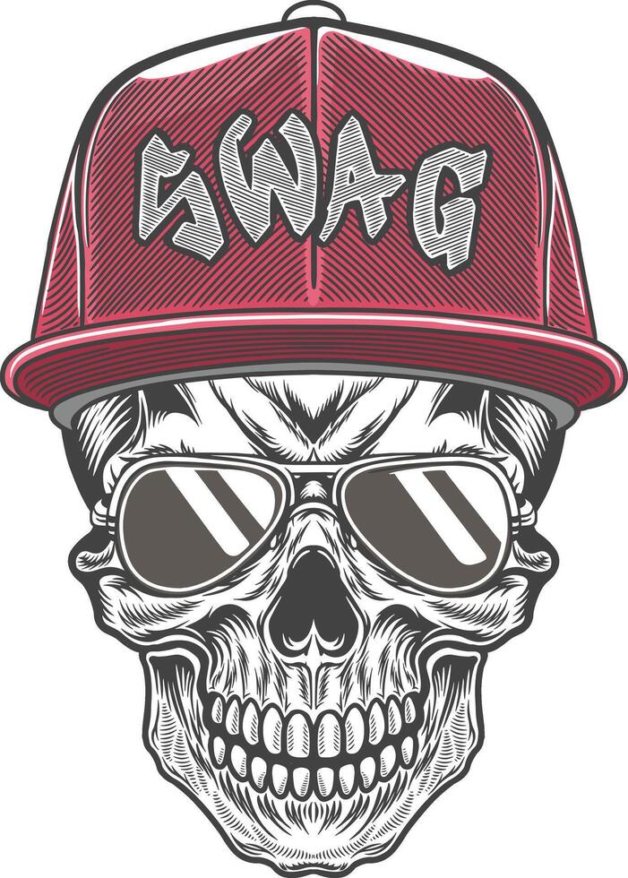Skull wearing a red cap and sunglasses with the word swag vector