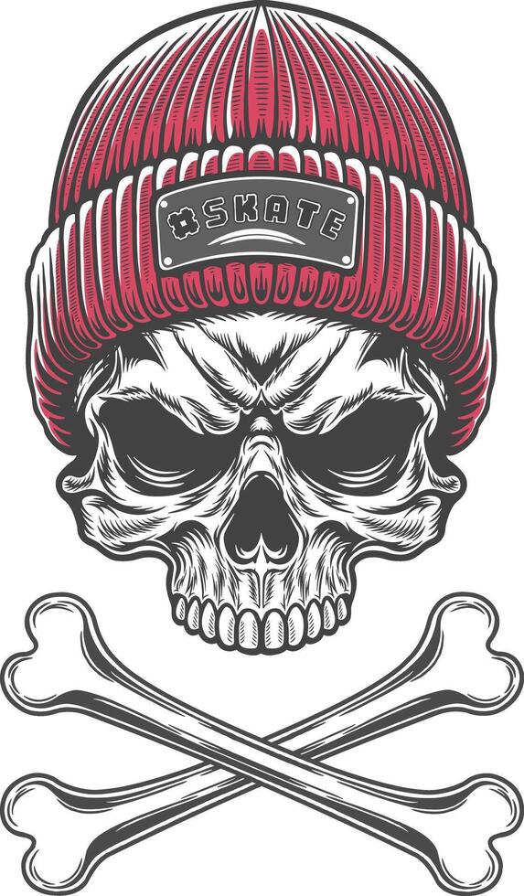 Skull with a red beanie and crossed bones vector