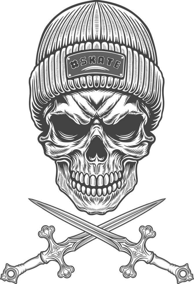 Skull in a knitted hat and crossed swords illustration vector
