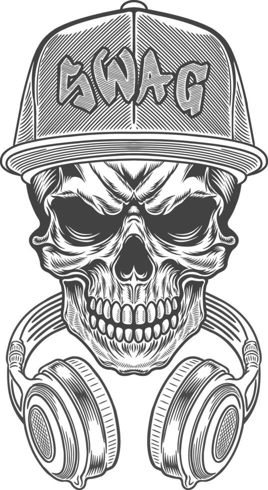 Skull with headphones and hat in a hip hop style vector