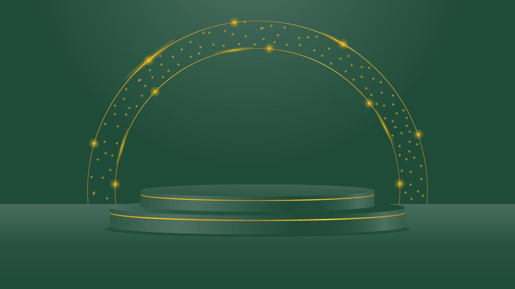 Elegant green podium with golden glowing arch and sparkles ideal for showcasing products or announcements vector