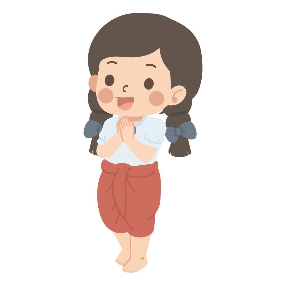 Playful Thai Girl Performing Traditional Dance with Sawasdee Greeting vector