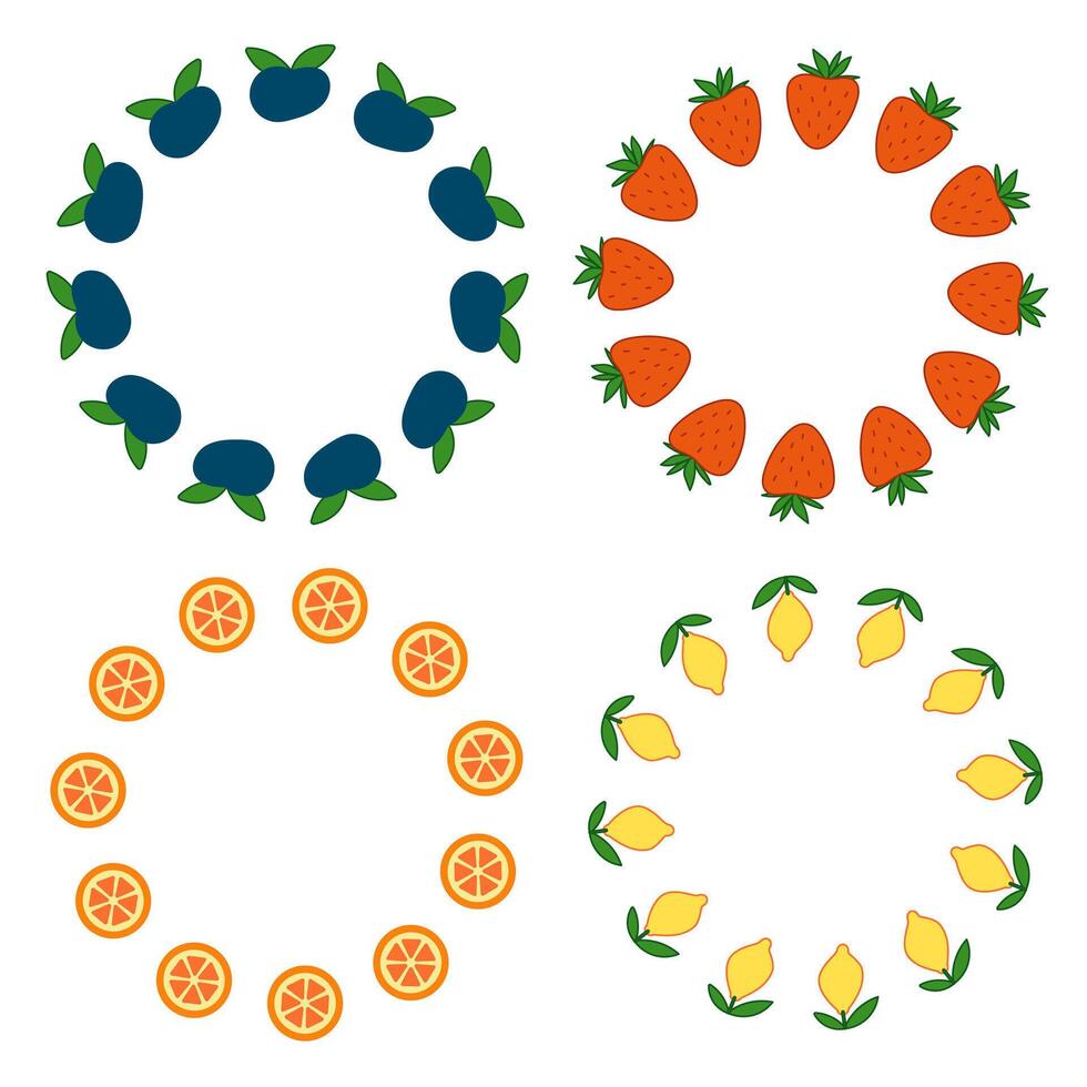 Set of fruit circles, strawberry, blackberry, orange, lemon vector