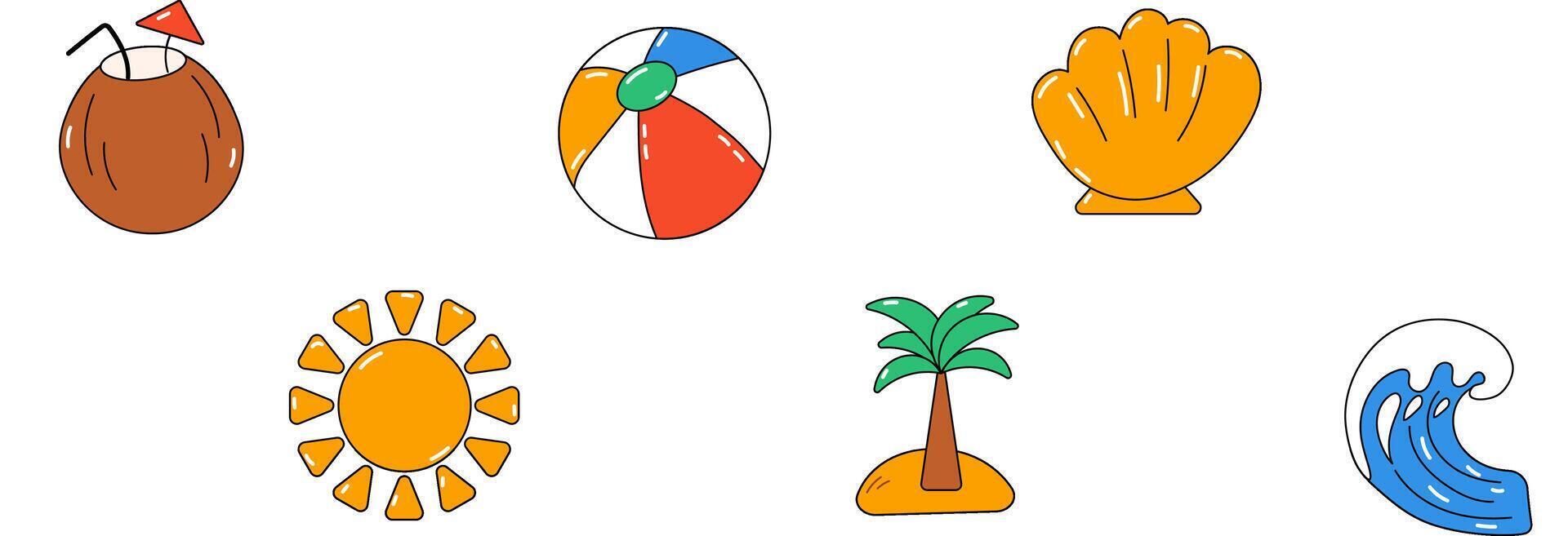 Summer set of cartoon elements with palm, sun, ball, wave vector