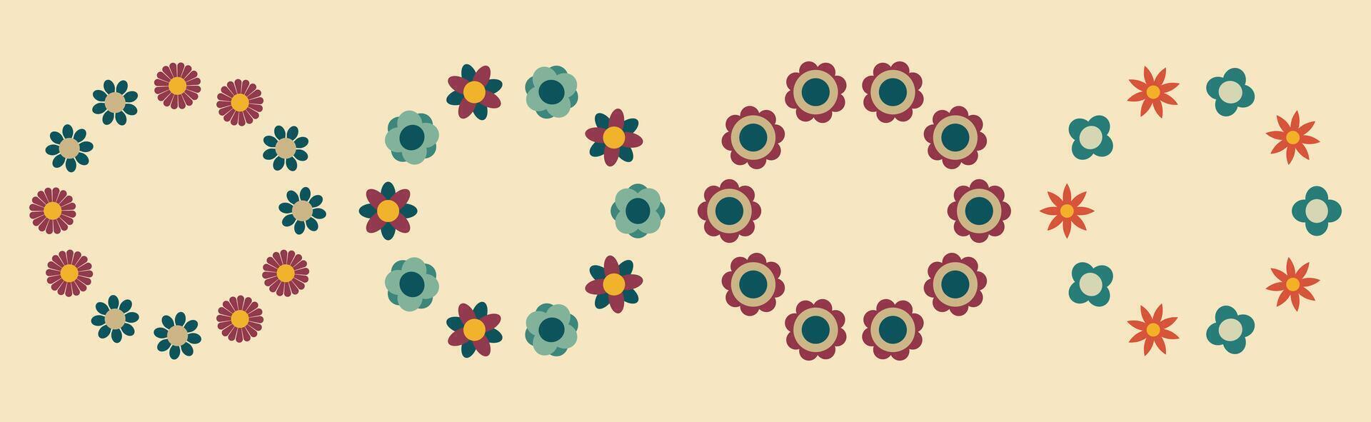 Floral round frame set in retro style. illustration. Ideal for creative summer design projects vector