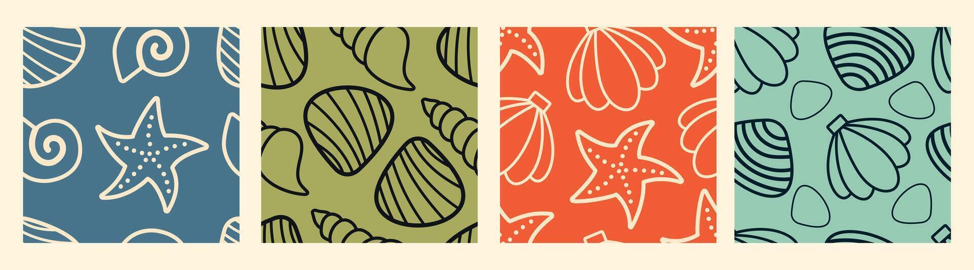 Seamless Beach Shells and Starfish Pattern set. seamless patterns with starfish and seashell. Blue, green, orange, and teal backgrounds enhance the nautical and coastal theme vector