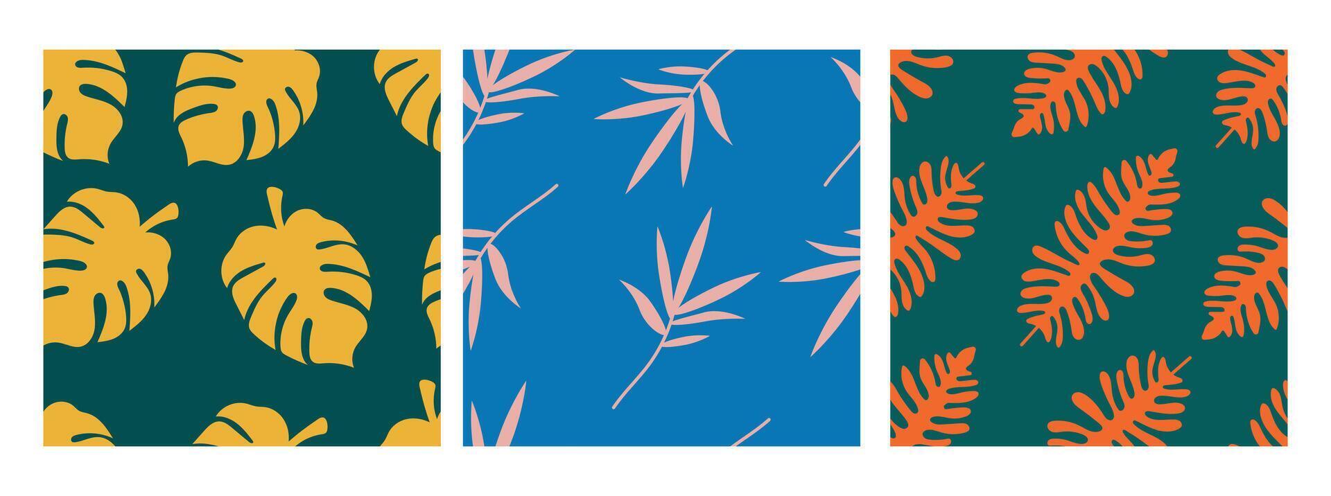 Bold Tropical Leaf Seamless Pattern set. Set of three vibrant tropical leaf patterns with bold colors and striking designs, featuring monstera and palm leaves in contrasting backgrounds vector