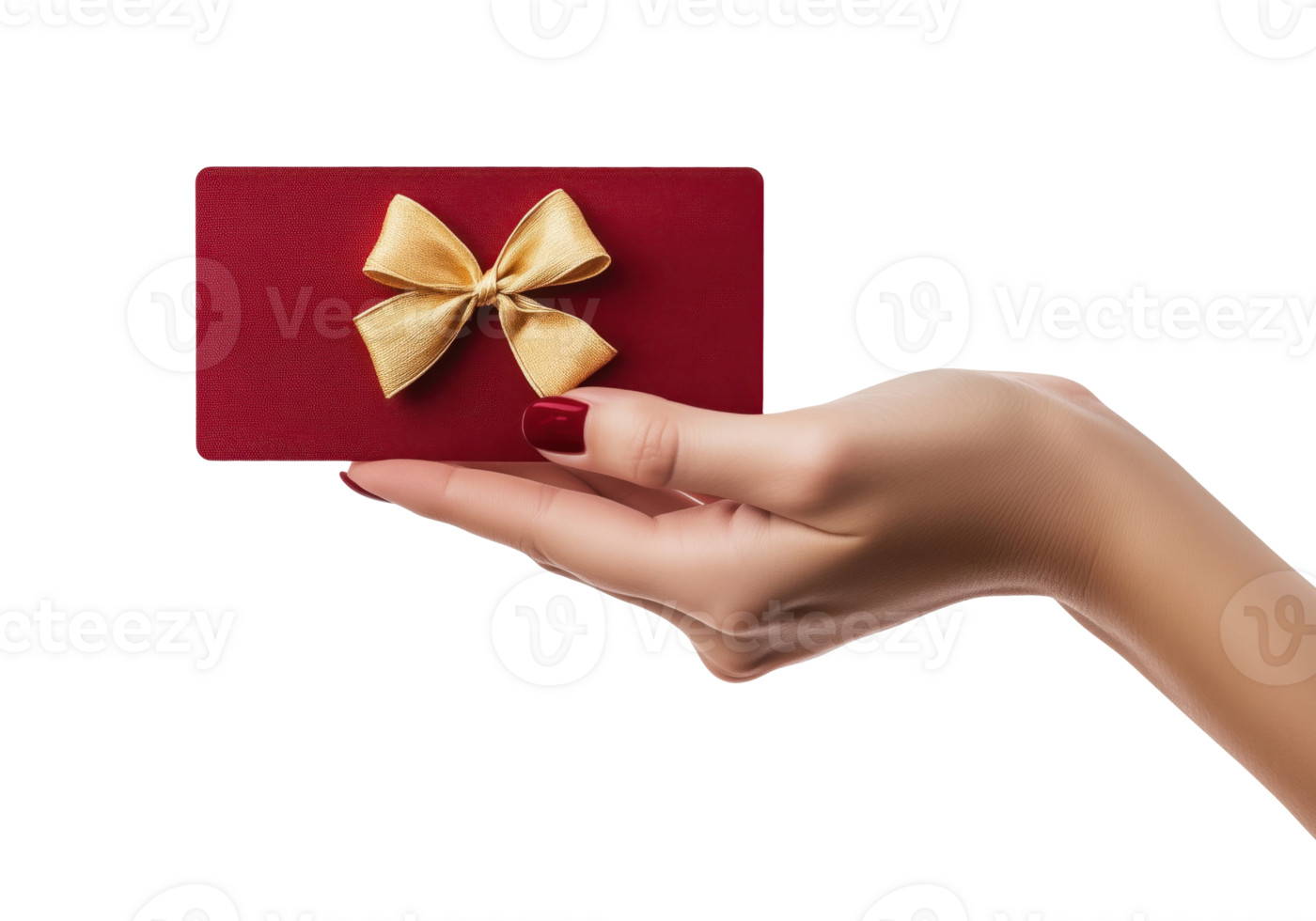 Female hand with red gift card with a golden bow isolated on a transparent background png