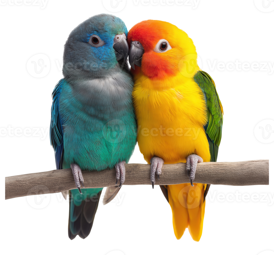 Two colorful parrots sitting on a branch isolated on transparent background png