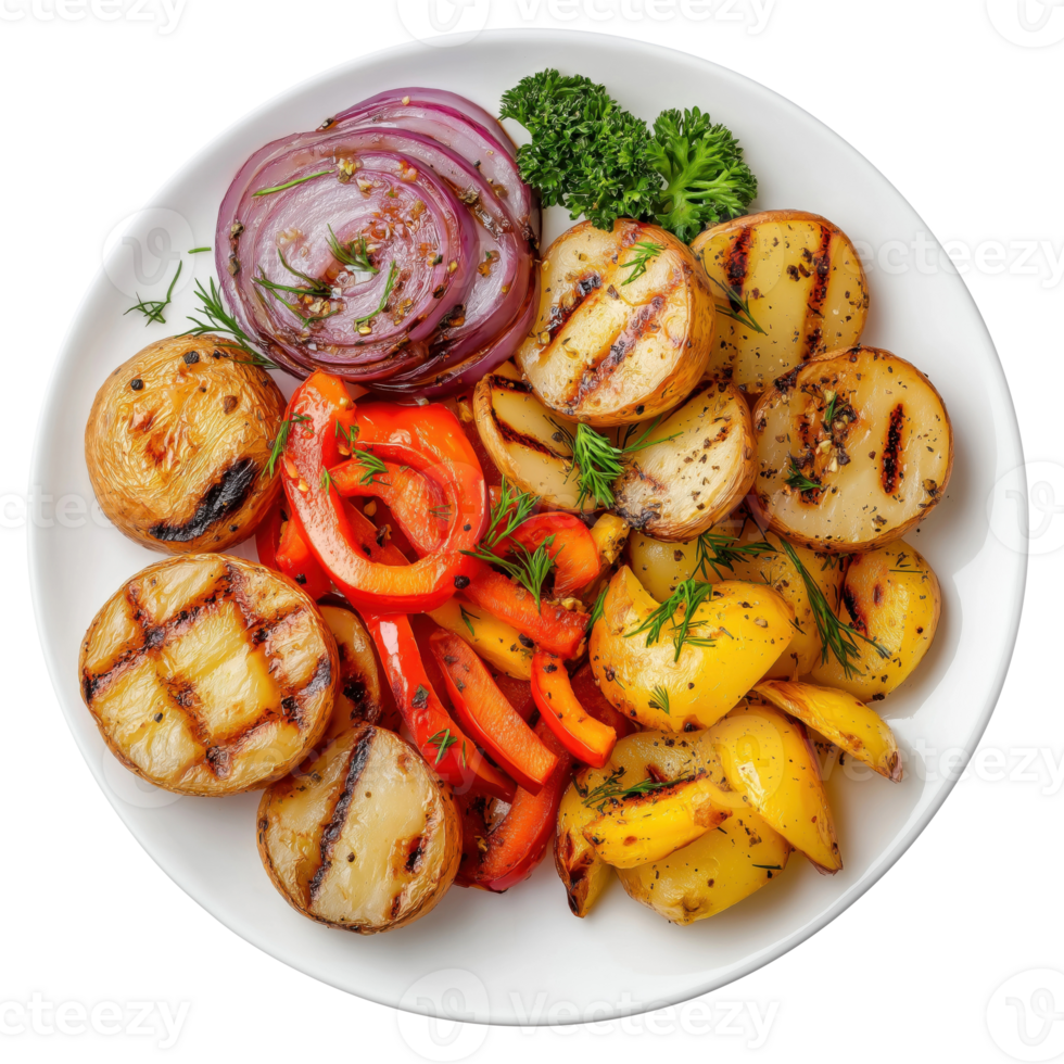 Grilled potatoes with vegetables isolated on transparent background, top view png
