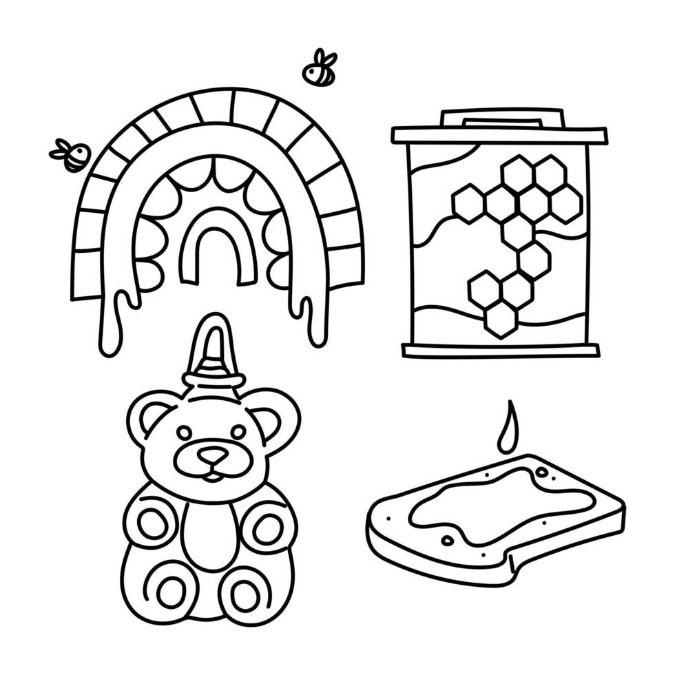 A set of doodle honey elements. Rainbow, sandwich, honeycomb frame, honey in a jar on a white background. Home-made honey production. Bee farm. Insects fly in a rainbow. Motives for honey production vector