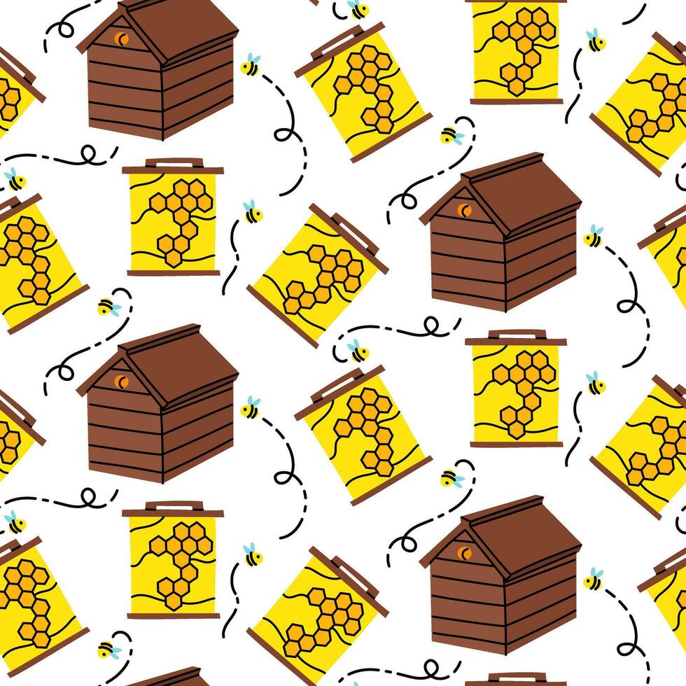 a pattern of wooden beehives. a house with a roof, a frame with honey and a honeycomb with bees. Home-made honey production. the bee house. Insects are flying near the house. a drawer with shelves vector