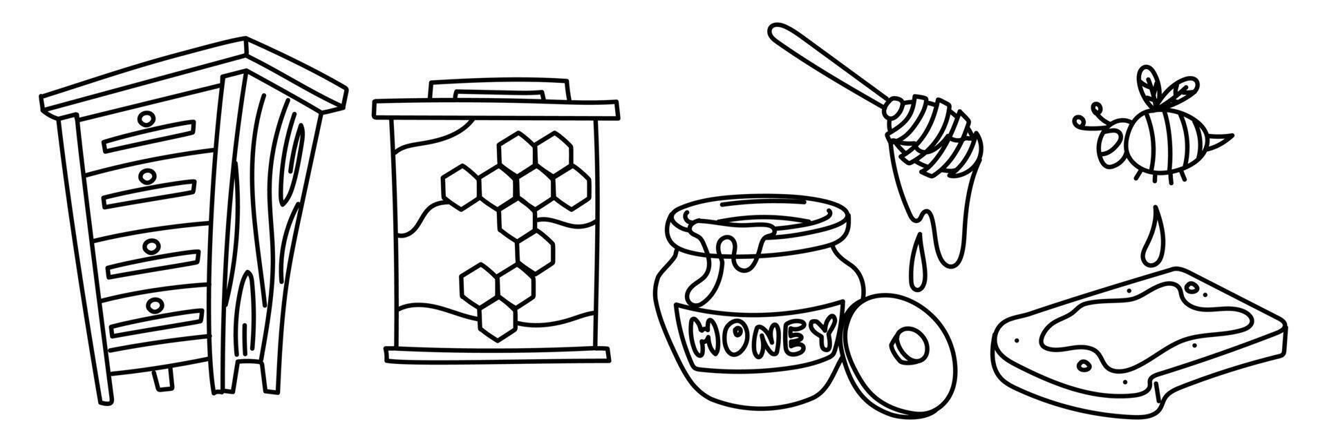 set of doodle honey elements. beehive, frame honeycombs, sandwich with honey, honeycombs with honey on white background. Home-made honey production. wooden house for bees. Stages of honey production vector