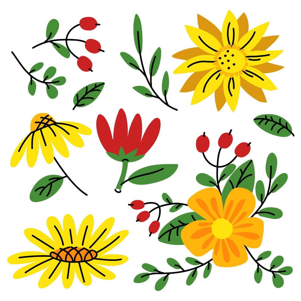 set with multicolored flowers. An illustration in the flat style of spring flowers. Spring blooming, branches, leaves, berries. For posters, greeting cards and children's design. isolated floral fauna vector