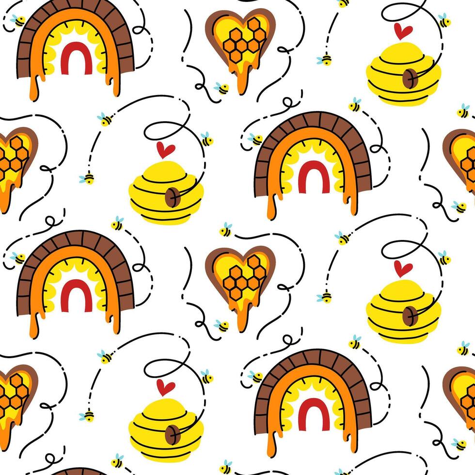 pattern of honey elements. Rainbow, heart, honeycomb frame on a white background. Home-made honey production. wooden house for bees. Insects fly in a rainbow. Seamless motifs for honey production vector