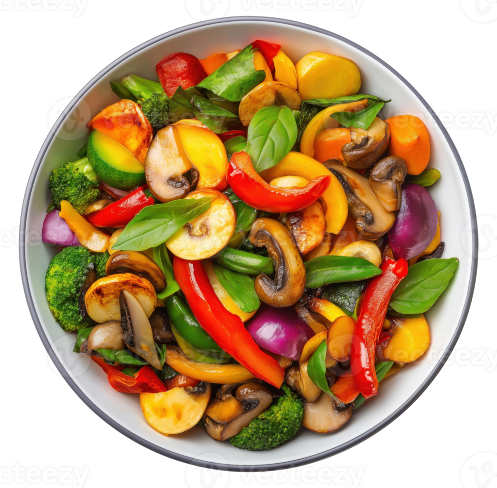 Bowl with stir fried vegetables isolated on transparent background, top view png
