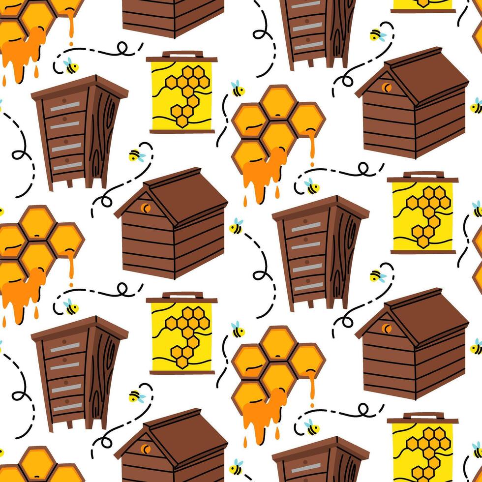 pattern of wooden beehives. house with roof, honeycombs with honey, board with honey on white background. Home-made honey production. bee house. Insects are flying near house. drawer with shelves vector