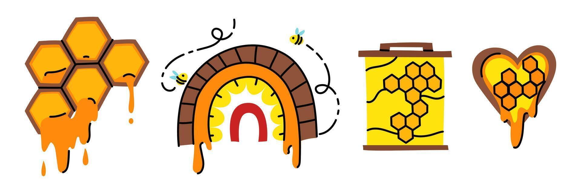 A set of honey elements. Rainbow, heart, honeycomb frame, honeycomb with honey on white. Home-made honey production. One wooden house for bees. Insects fly rainbows. Motives for honey production vector