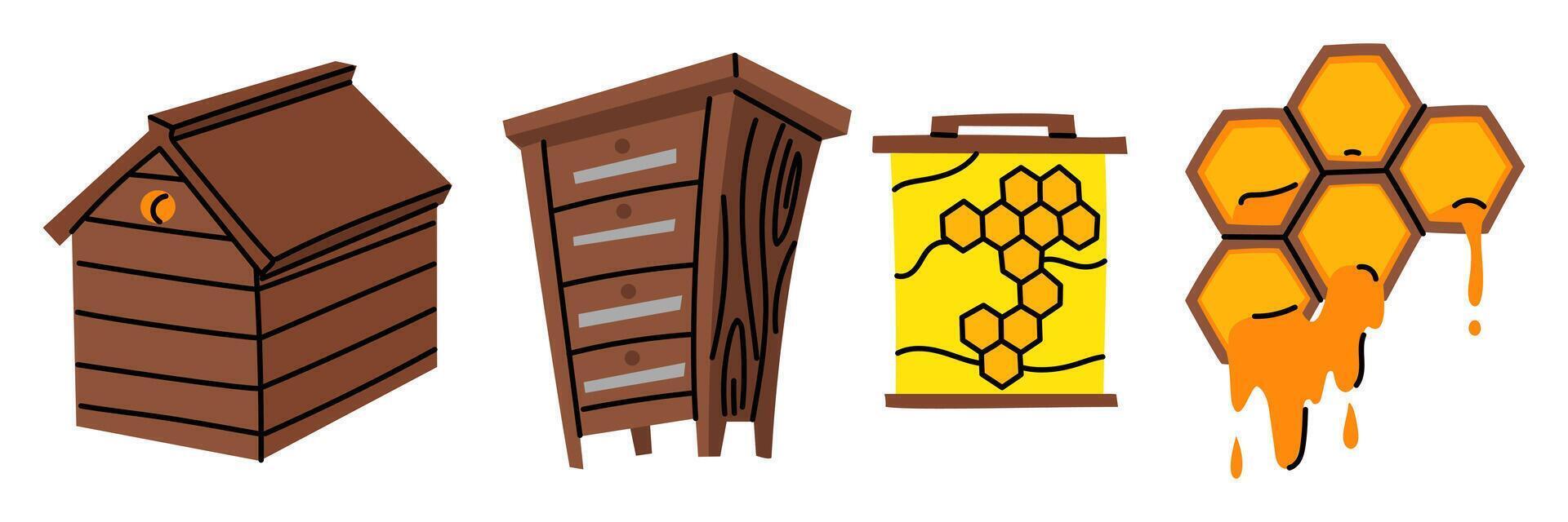 Wooden beehive set. house with a roof, honeycombs with honey, board with honey on white. Home-made honey production. One wooden house for bees. Insects are flying near the house. drawer with shelves vector