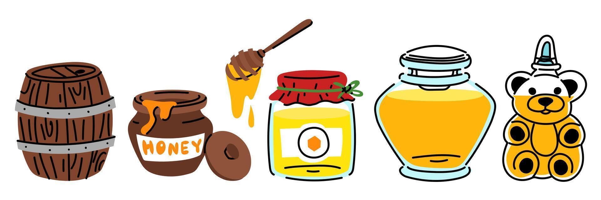 Containers with honey in various forms. A flat illustration for storing honey. Jar, vessel, barrel, pottery is closed, open. Honey theme. illustration in the form of color isolated illustration vector