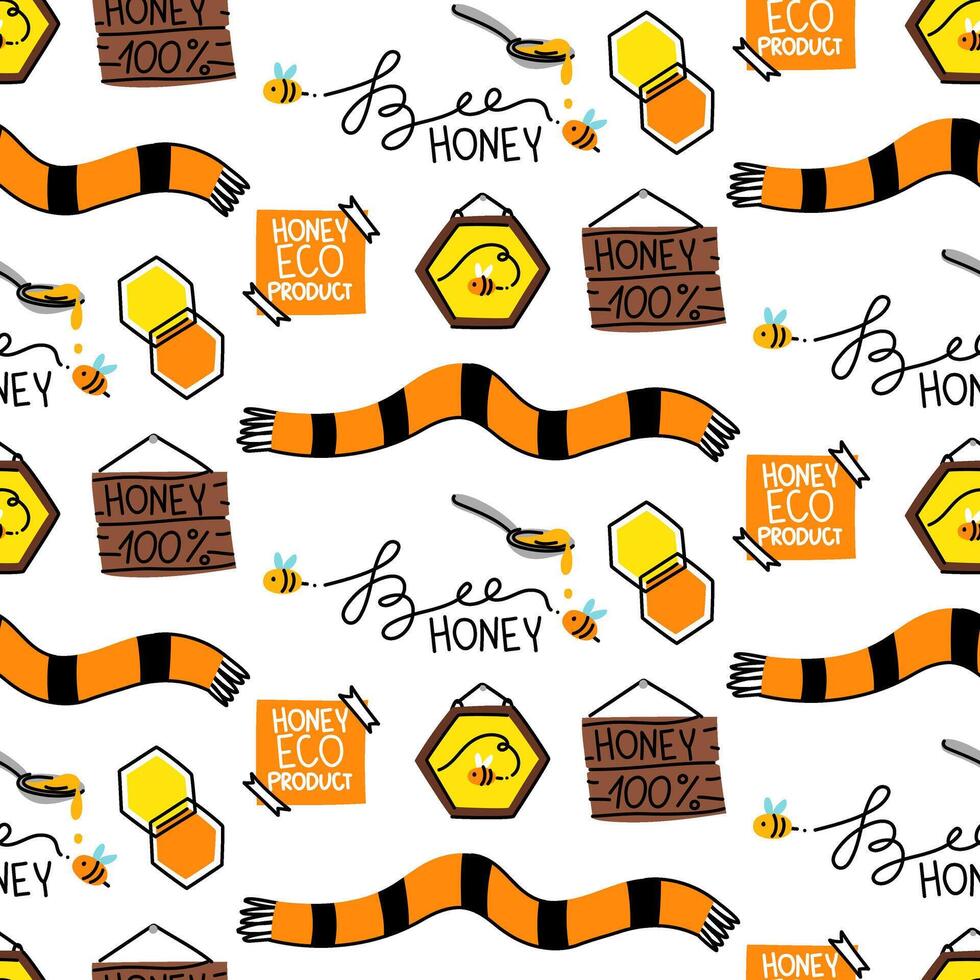 Theme pattern is honey, bees. Texture with names on the board, scarf, honeycomb. Seamless with black lines. Theme of the items is the honey hexagon. objects are insects related to theme of bees, honey vector