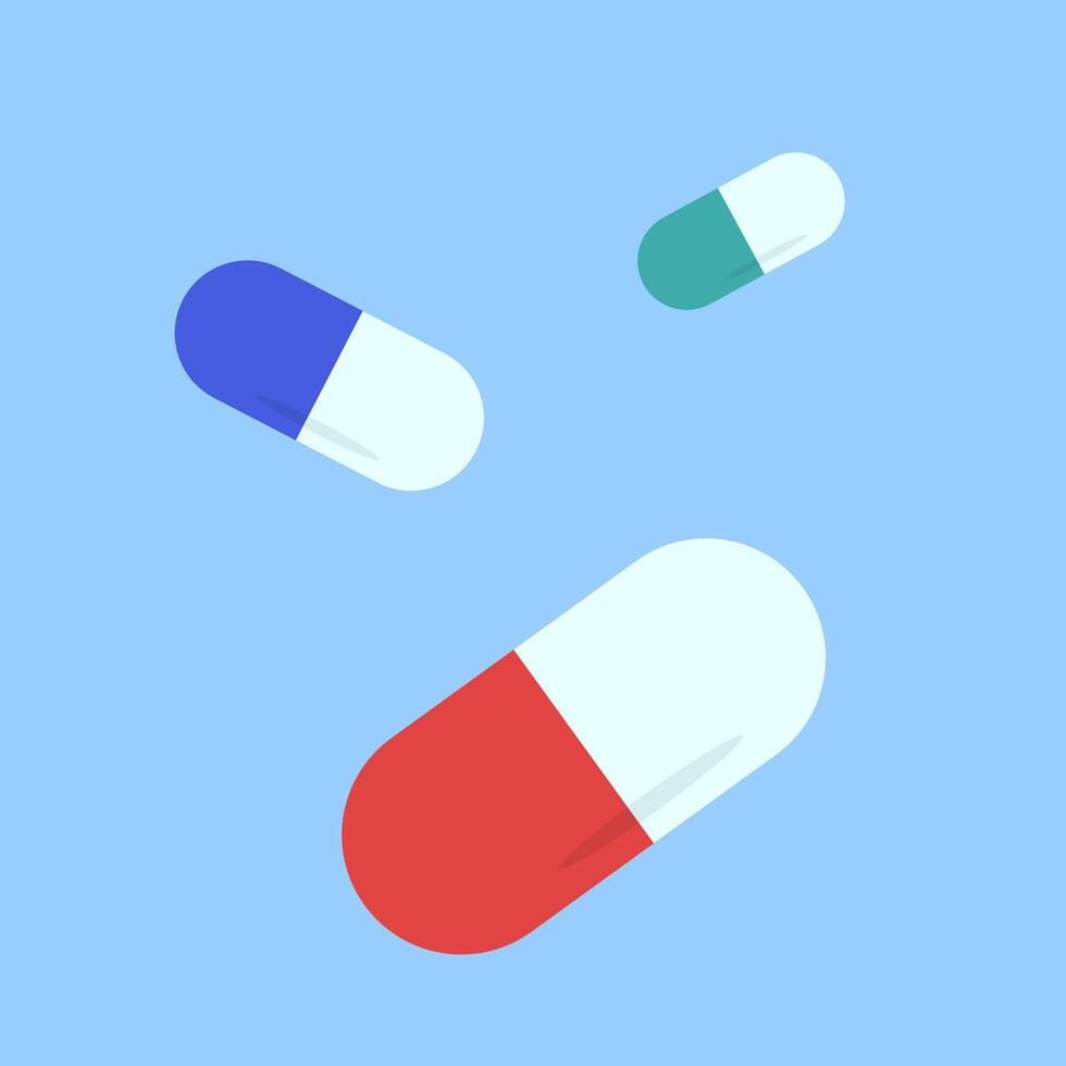 Red, blue and green pills floating in a blue background vector