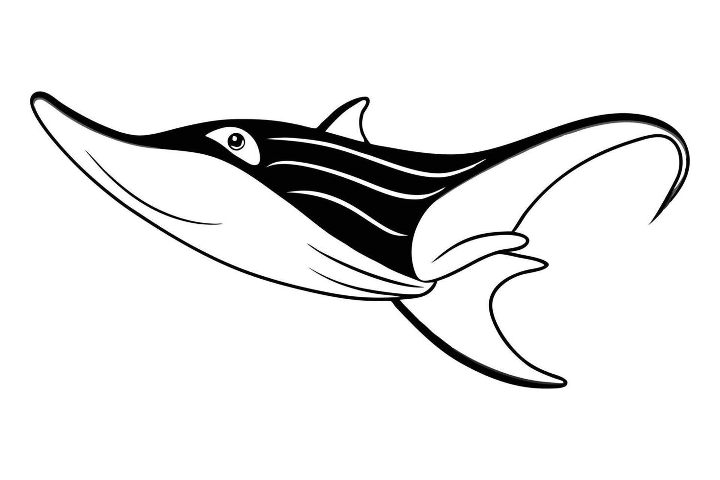 A black and white illustration of a fish with a long tail vector