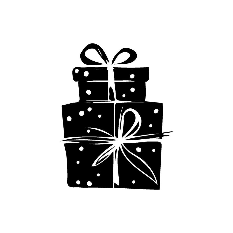 Illustration of stacked gift boxes with ribbons and polka dots in black and white on a white background, conveying a festive gift concept vector