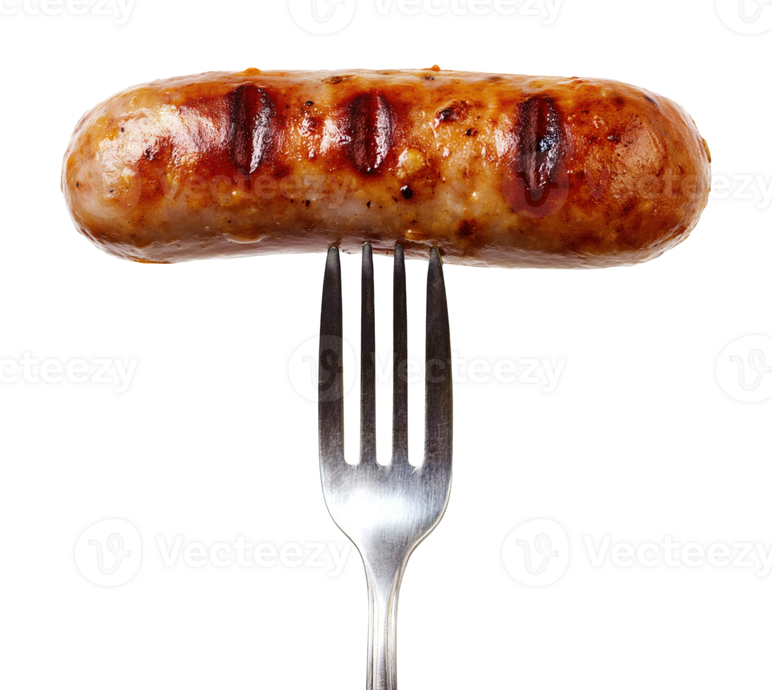 Grilled sausage on a fork, isolated on transparent background png
