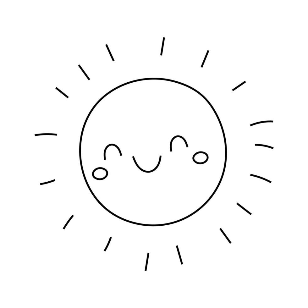 Cute smiling sun line drawing with simple cartoon face vector