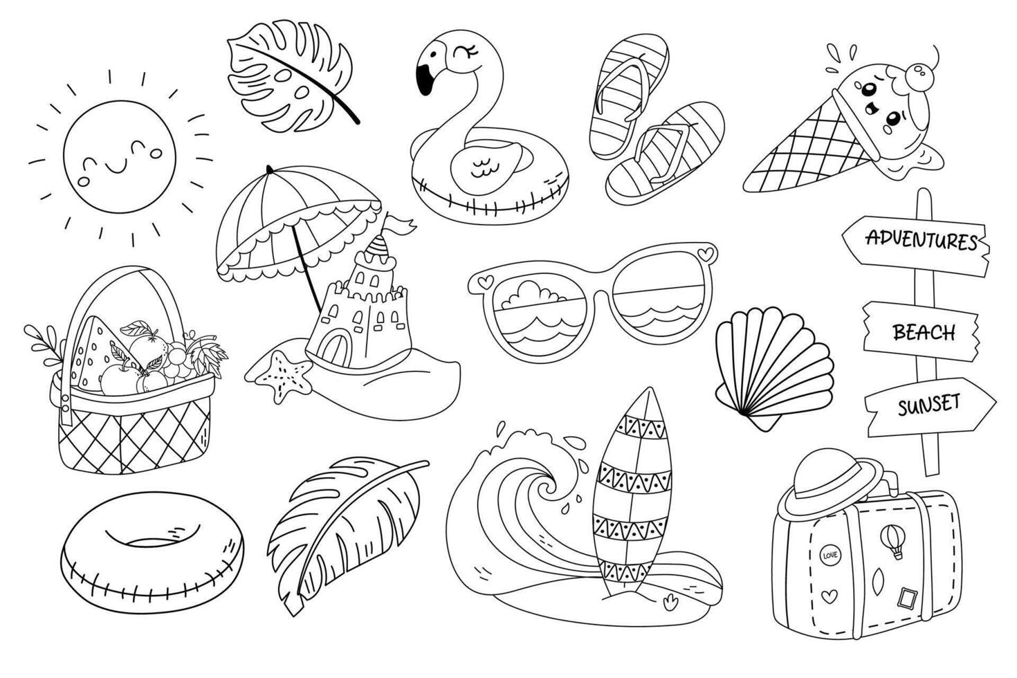 Summer coloring page with beach elements and cute drawings vector