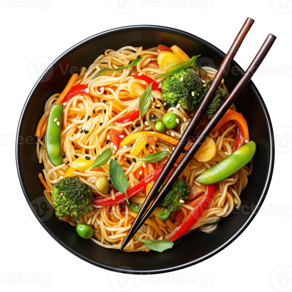 Black bowl with noodles and fried vegetables isolated on transparent background, top view png