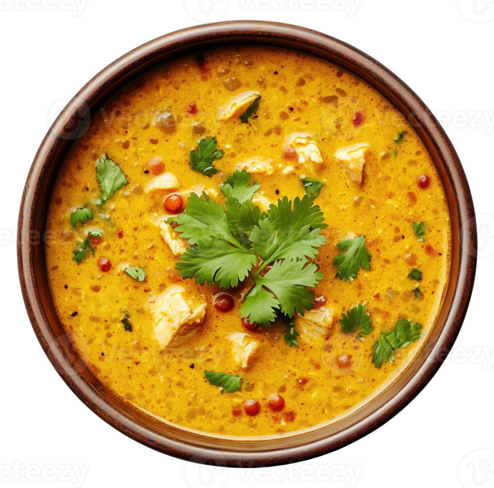 Bowl with soup isolated on transparent background, top view png