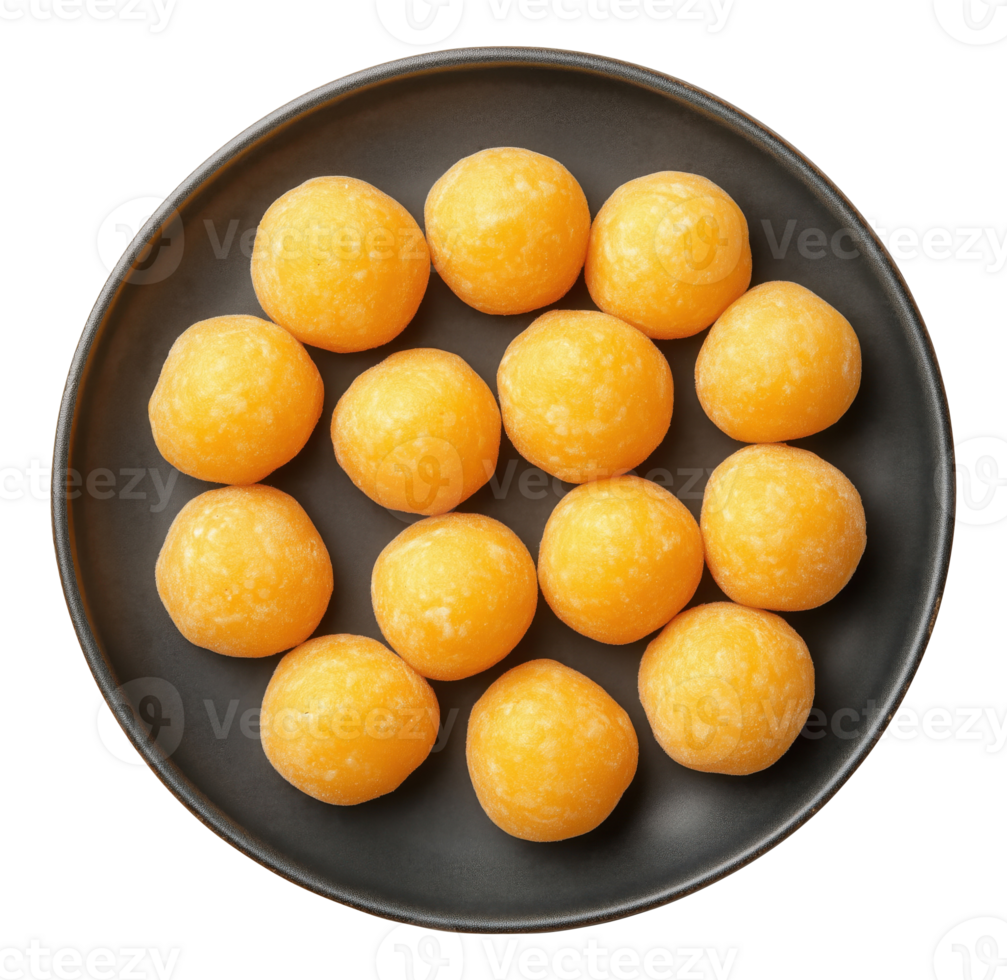 Black plate with ladoo isolated on transparent background, top view png