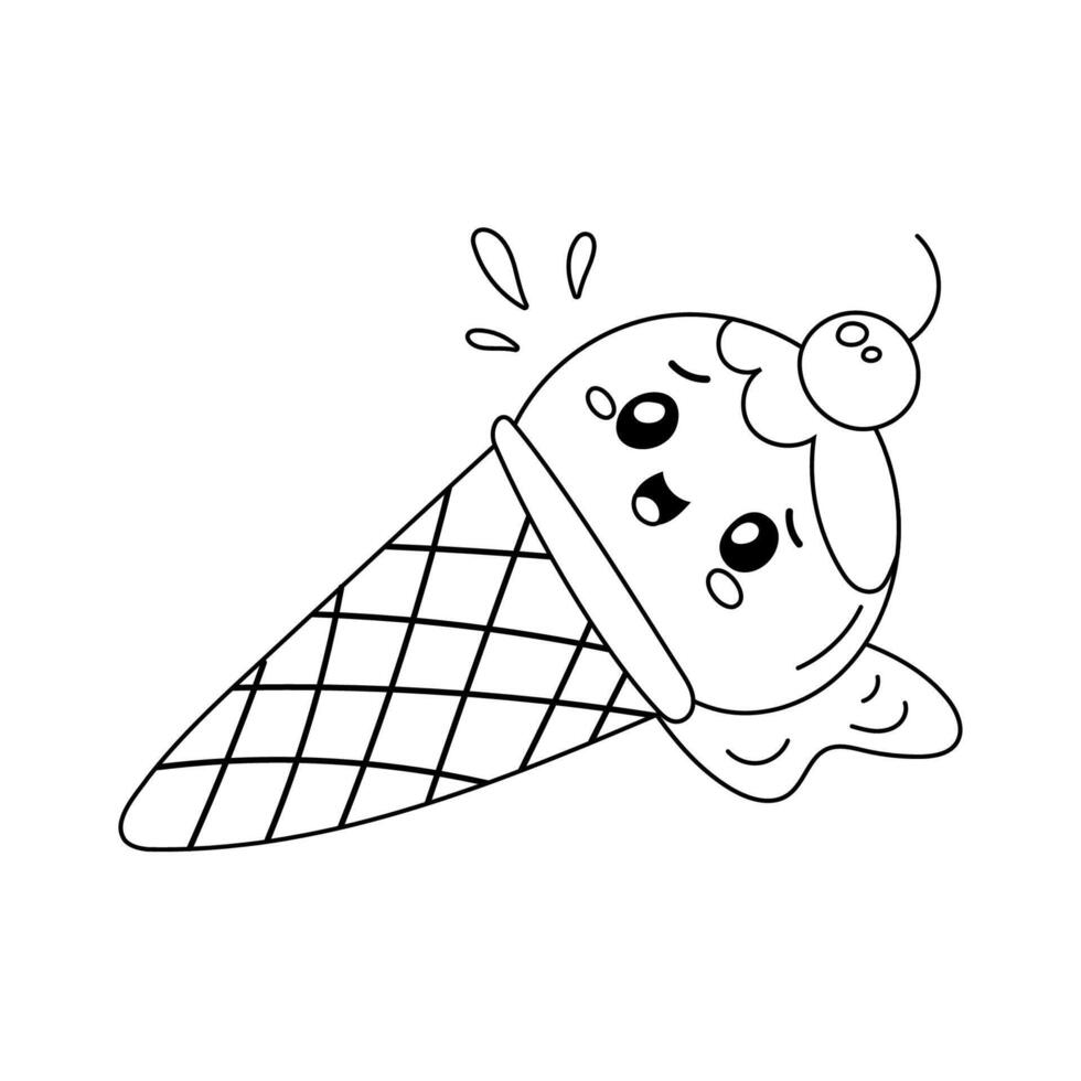 Cute ice cream cone outline with kawaii face and cherry vector