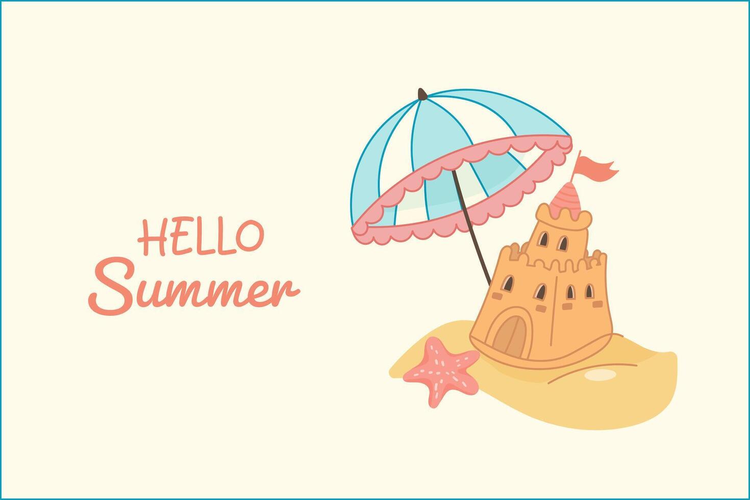 Cute summer scene with beach umbrella and sandcastle illustration vector