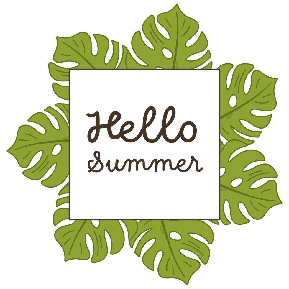 Square summer frame with tropical leaves and hello text vector